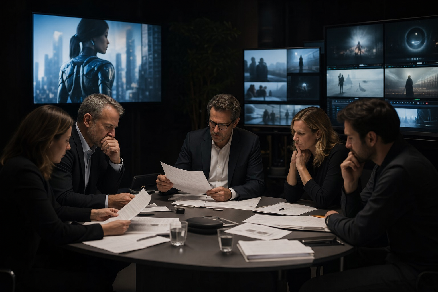 Production team reviewing legal clearance alongside AI workflow screens