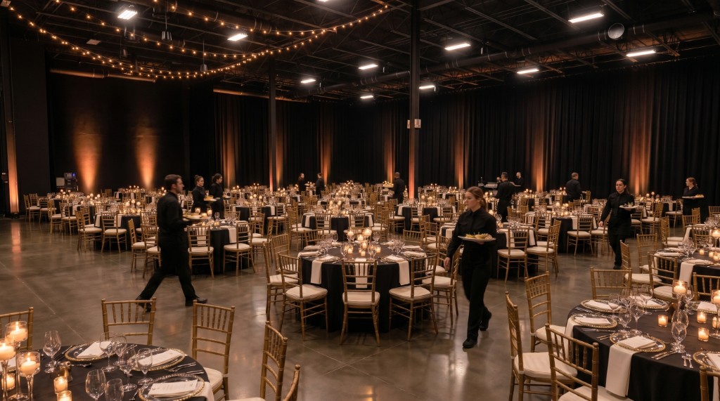 Large formal gala banquet with round tables and gold chairs in the campus dining hall