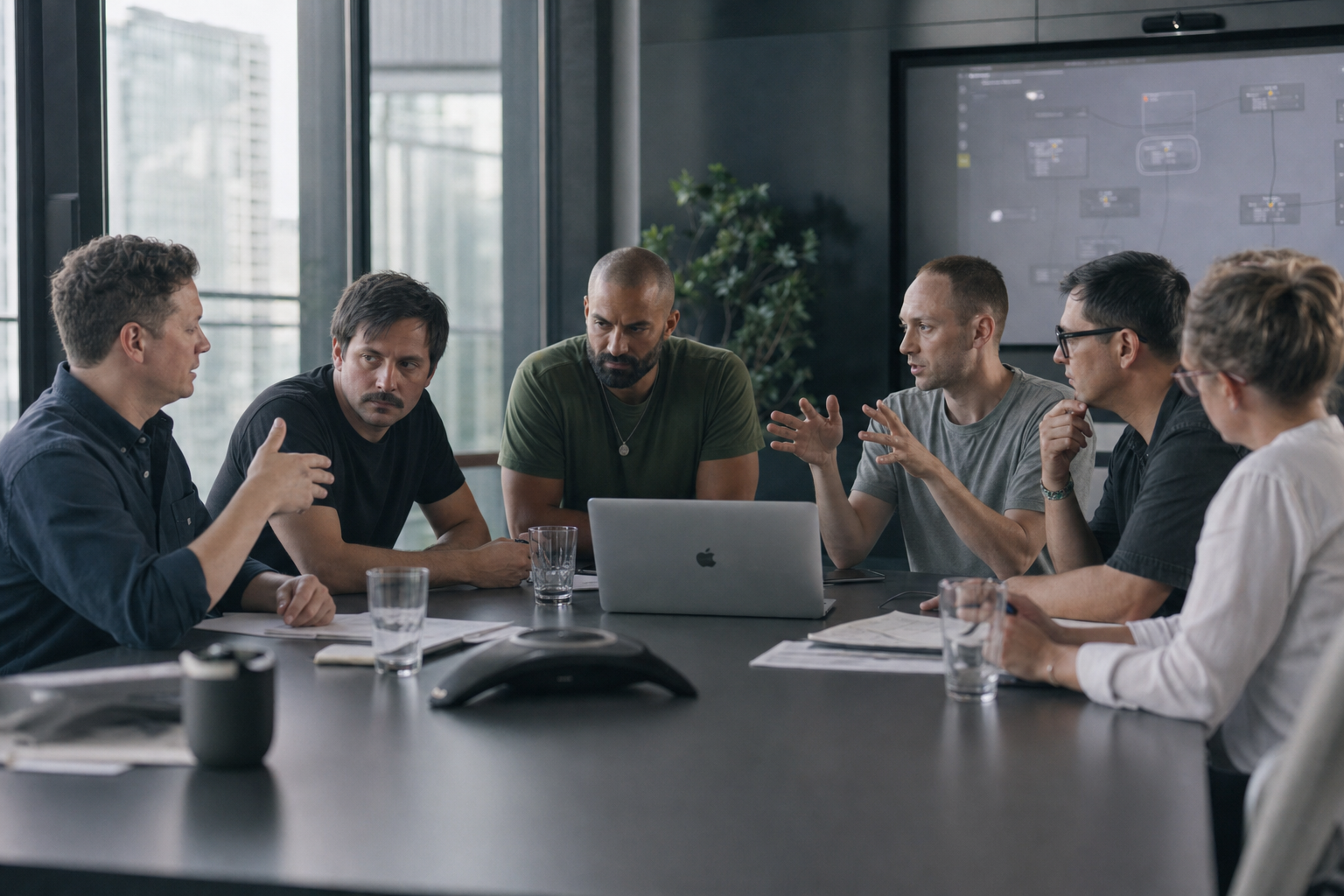 Production team in a candid boardroom session reviewing workflow and clearance plans