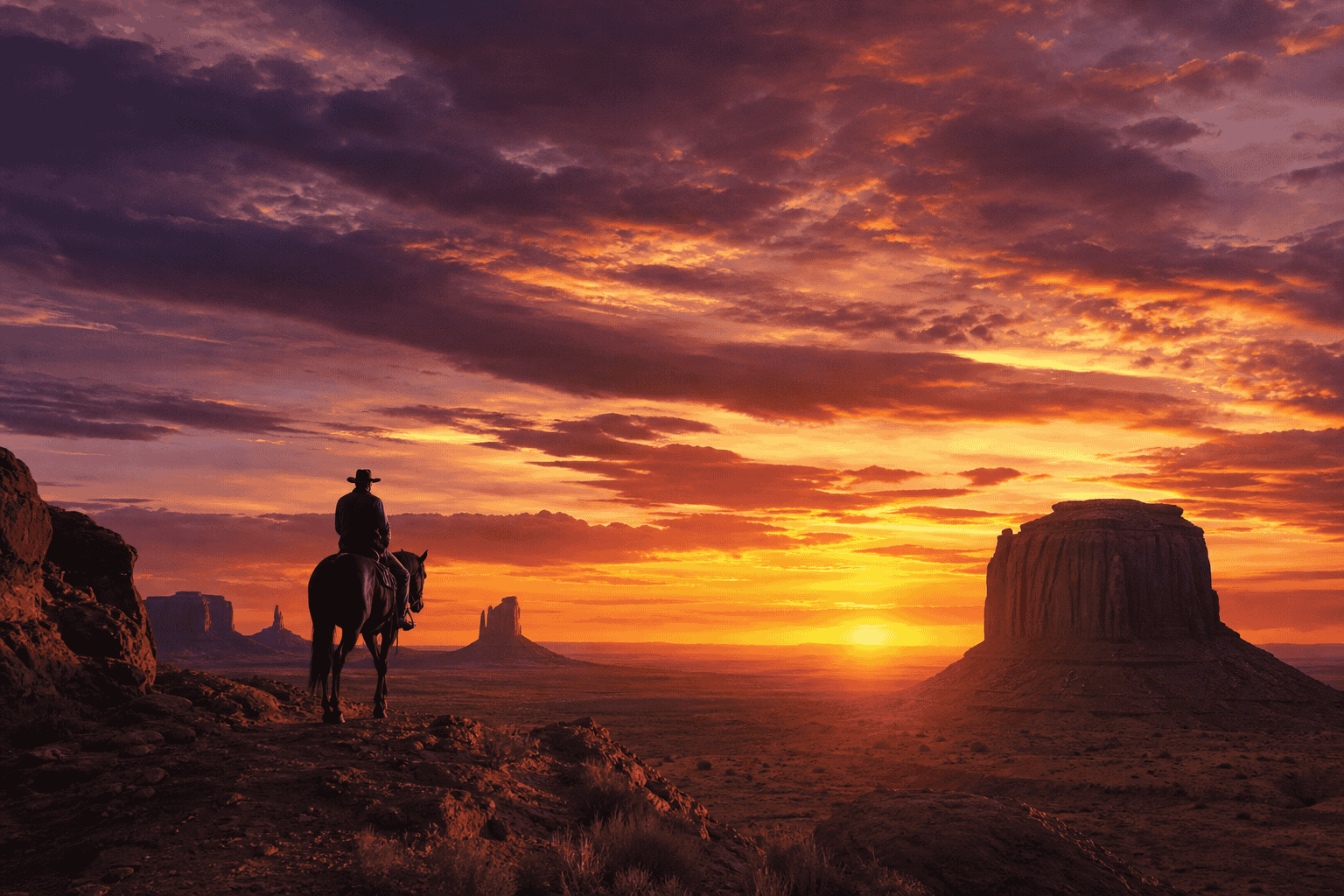 Western epic film still, desert sunset